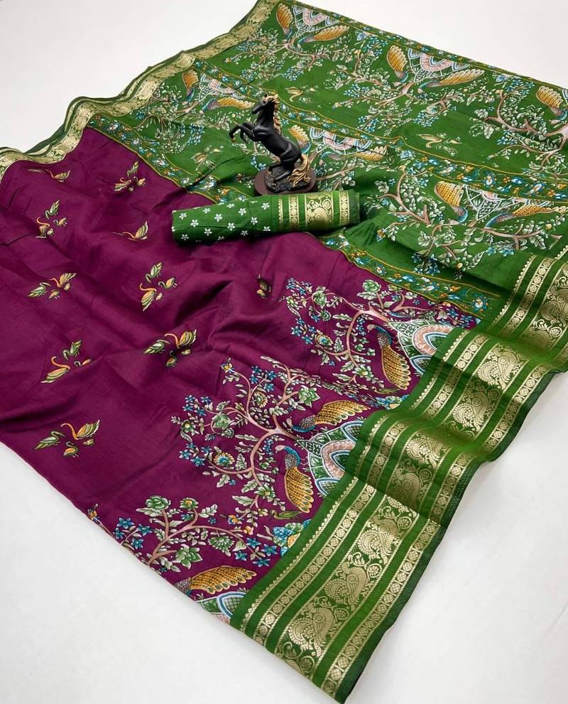 Wine viscose silk kalamkari saree with peacock motif design
