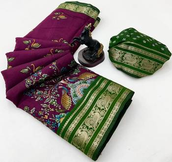 Wine viscose silk kalamkari saree with peacock motif design 2