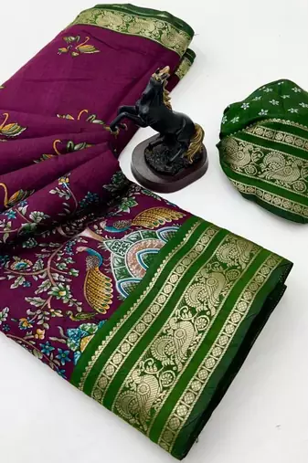 Wine viscose silk kalamkari saree with peacock motif design
