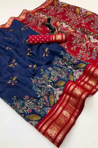 Navy blue viscose silk kalamkari saree with peacock motif design