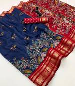 Navy blue viscose silk kalamkari saree with peacock motif design