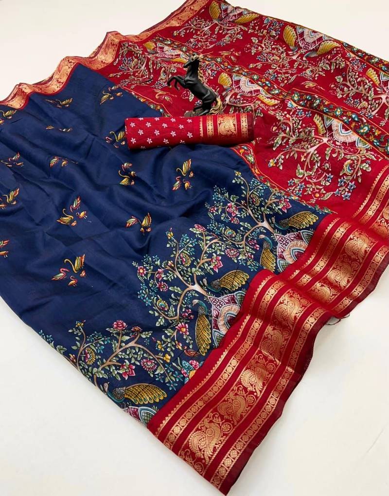 Navy blue viscose silk kalamkari saree with peacock motif design