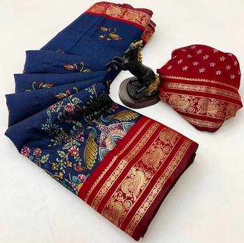 Navy blue viscose silk kalamkari saree with peacock motif design 2