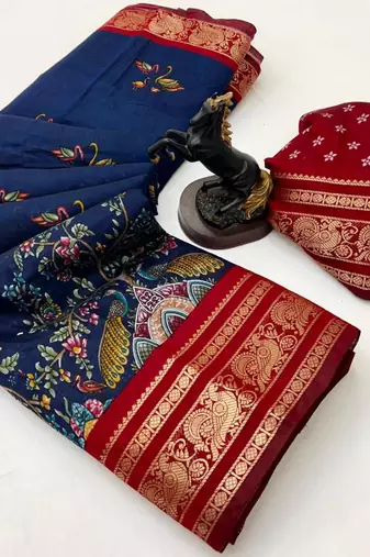 Navy blue viscose silk kalamkari saree with peacock motif design