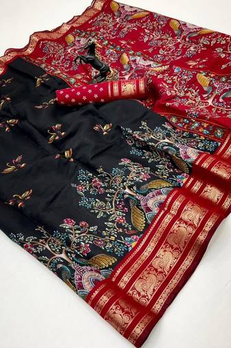 Black viscose silk kalamkari saree with peacock motif design