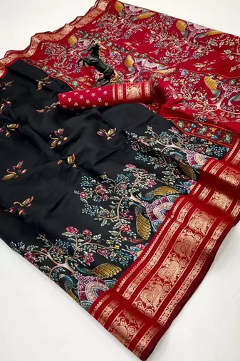Black viscose silk kalamkari saree with peacock motif design