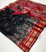 Black viscose silk kalamkari saree with peacock motif design