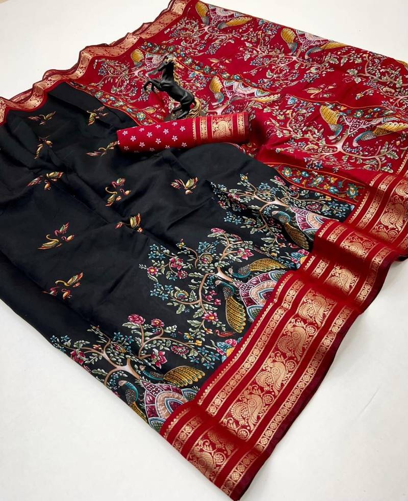 Black viscose silk kalamkari saree with peacock motif design