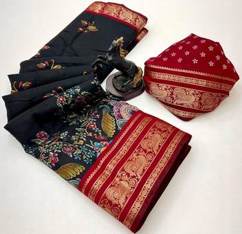 Black viscose silk kalamkari saree with peacock motif design 2