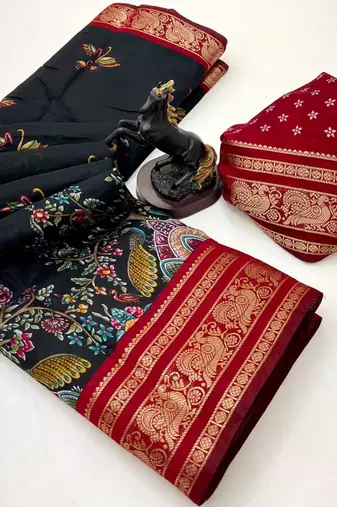 Black viscose silk kalamkari saree with peacock motif design