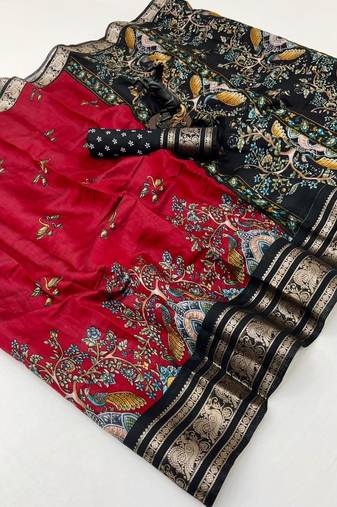 Red viscose silk kalamkari saree with peacock motif design