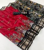 Red viscose silk kalamkari saree with peacock motif design