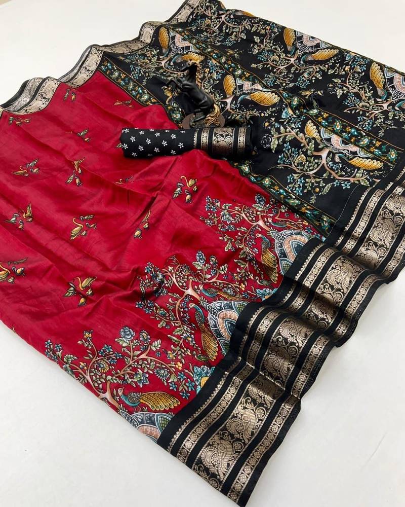Red viscose silk kalamkari saree with peacock motif design