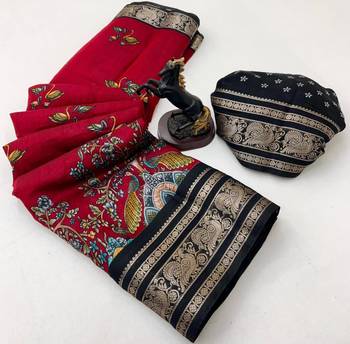 Red viscose silk kalamkari saree with peacock motif design 2