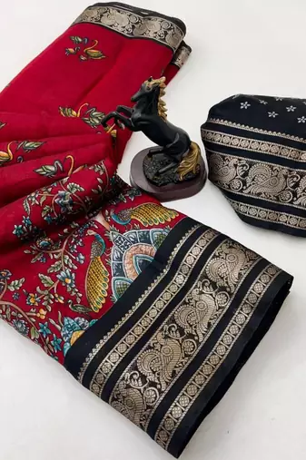 Red viscose silk kalamkari saree with peacock motif design
