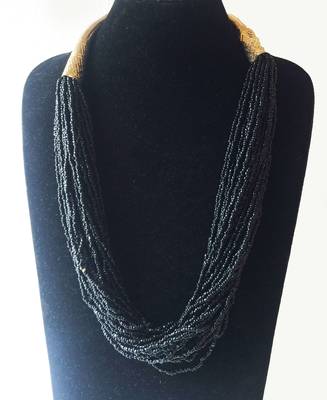 Gold Tubes Black Beaded Necklace 1