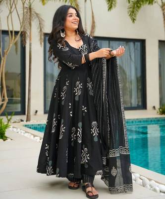 black cotton printed anarkali suit with dupatta 1