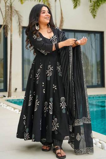 Black digital printed mal cotton anarkali set with dupatta