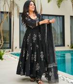 black cotton printed anarkali suit with dupatta