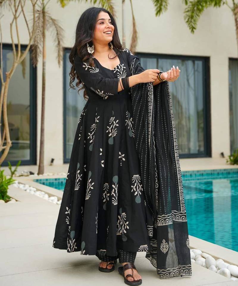 Black digital printed mal cotton anarkali set with dupatta