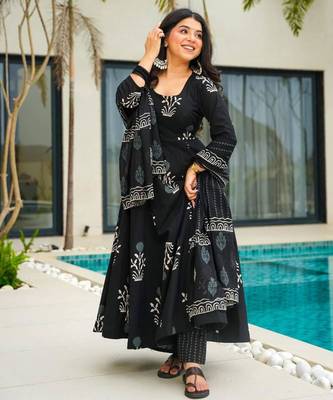 black cotton printed anarkali suit with dupatta 2