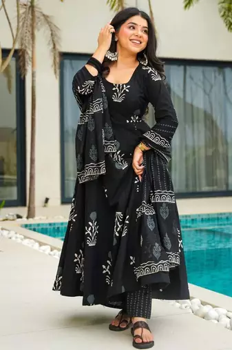 black cotton printed anarkali suit with dupatta