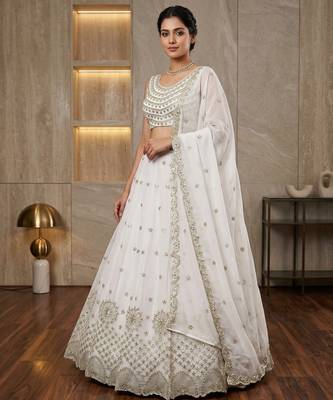 White Foux Gorgette Embroidered Lehenga Set 1