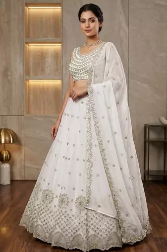 White Foux Gorgette Embroidered Lehenga Set