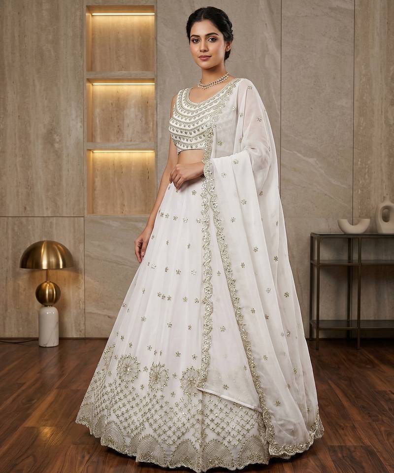 White Foux Gorgette Embroidered Lehenga Set