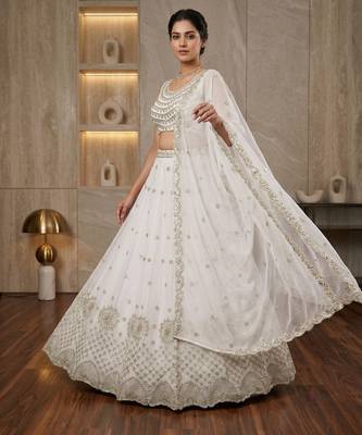 White Foux Gorgette Embroidered Lehenga Set 2