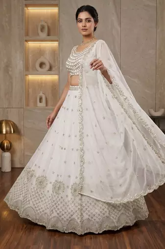White Foux Gorgette Embroidered Lehenga Set