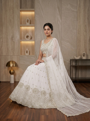 White Foux Gorgette Embroidered Lehenga Set 3