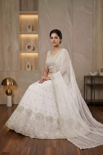 White Foux Gorgette Embroidered Lehenga Set
