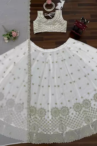 White Foux Gorgette Embroidered Lehenga Set