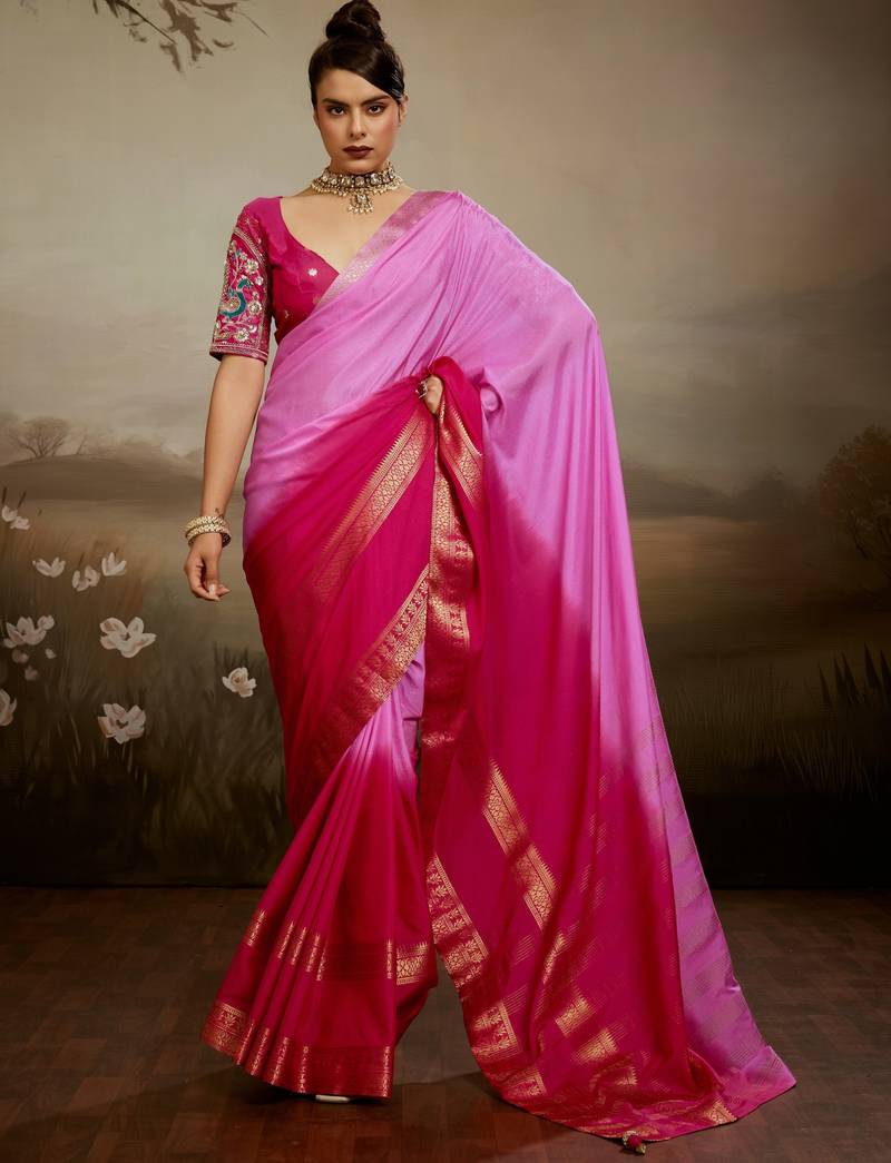 Soft chiffon saree with summer gradient shades & zari woven chit pallu