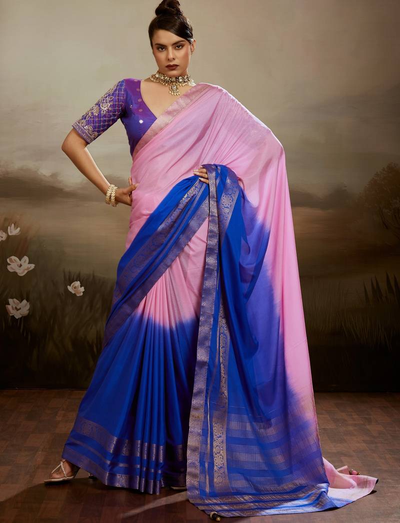 Soft chiffon saree with summer gradient shades & zari woven chit pallu
