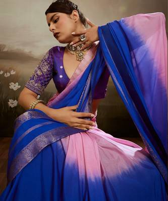 Soft chiffon saree with summer gradient shades & zari woven chit pallu 2
