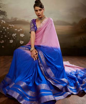 Soft chiffon saree with summer gradient shades & zari woven chit pallu 3