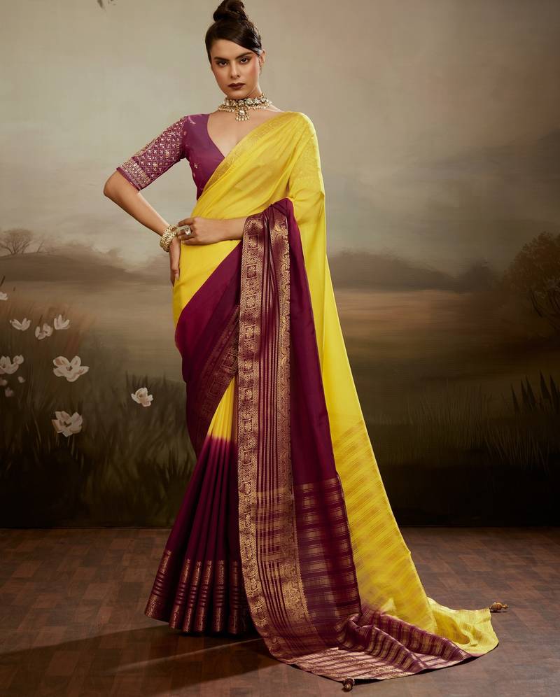 Soft chiffon saree with summer gradient shades & zari woven chit pallu