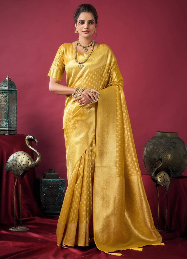 Elegant tissue silk saree with zhallar border – lightweight & shimmering drapape