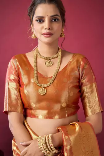 Elegant tissue silk blend saree with zhallar border  lightweight & shimmering drapape