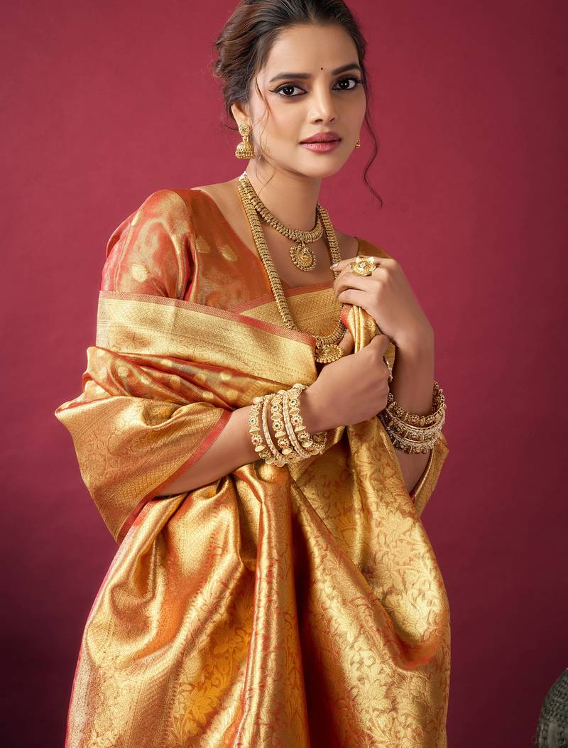 Elegant tissue silk saree with zhallar border – lightweight & shimmering drapape