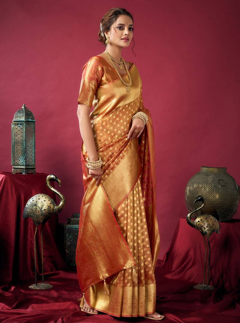 Elegant tissue silk saree with zhallar border – lightweight & shimmering drapape