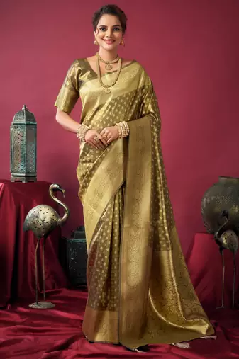 Elegant tissue silk saree with zhallar border – lightweight & shimmering drapape
