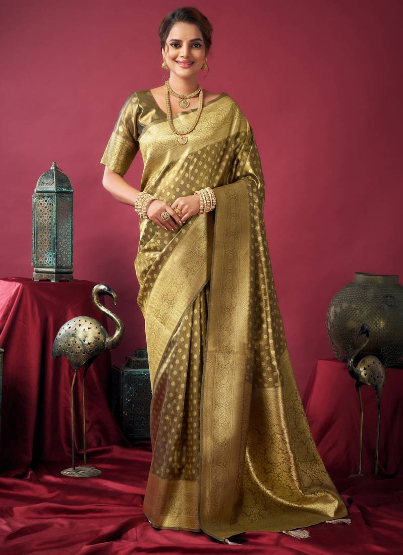 Elegant tissue silk saree with zhallar border – lightweight & shimmering drapape