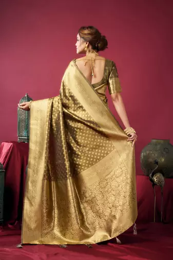 Elegant tissue silk blend saree with zhallar border  lightweight & shimmering drapape