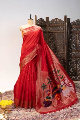 Soft khadi raw silk blend saree with meena weaving paithani pallu & triple muniya temple border  rich zari work 1