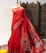 Soft khadi raw silk saree with meena weaving paithani pallu & triple muniya temple border – rich zari work