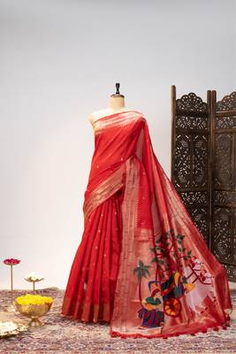 Soft khadi raw silk blend saree with meena weaving paithani pallu & triple muniya temple border  rich zari work 3