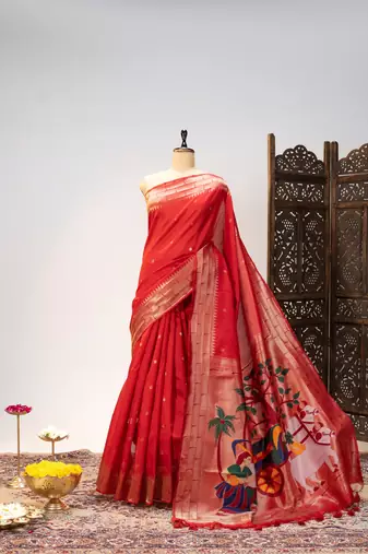 Soft khadi raw silk blend saree with meena weaving paithani pallu & triple muniya temple border  rich zari work